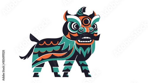 Stylized illustration of a traditional Chinese lion dance costume in vibrant teal, orange, and black colors, depicting the full body of the mythical creature.