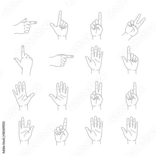 Collection of minimalist vector line art icons showing diverse human hand gestures counting, pointing, and communication signals for UI/UX and graphic design