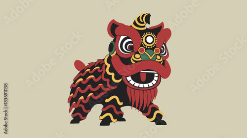 A vibrant illustration of a traditional Chinese lion dance costume, featuring a red and black lion with intricate details and a festive appearance.
