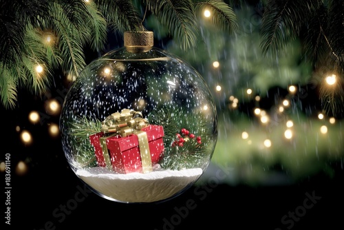Christmas glass ornament with snow and gift