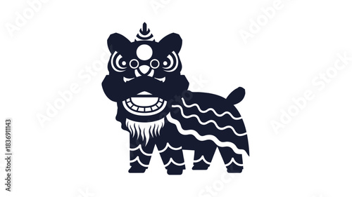 A stylized dark blue Chinese lion dance figure with intricate details on a white background, representing cultural tradition and celebration.