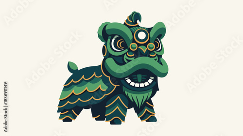 A vibrant green Chinese lion dance costume with intricate gold details, featuring a stylized face and body, standing on a light background.
