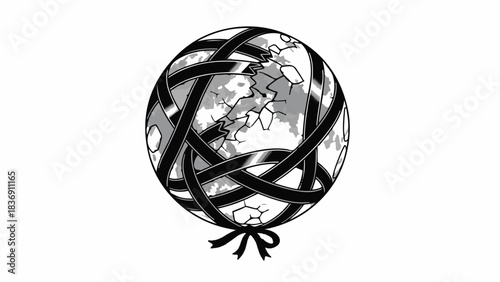 Abstract globe entangled in dark ribbons with a bow