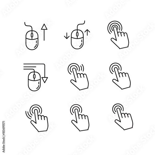 Collection of Mouse Pointer and Hand Touch Gestures Line Icons for Digital Interaction, Computer Interface, and User Experience Design Elements