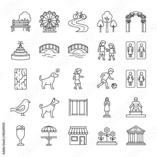 Modern outline vector icons illustrating public park environments, city elements, recreational pursuits, and essential amenities in a clean, contemporary style