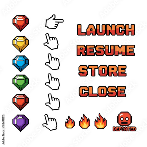 Vibrant pixel art retro game assets pack with collectible gems, classic cursors, essential UI buttons, fiery effects, and a defeated status icon for vintage video game development