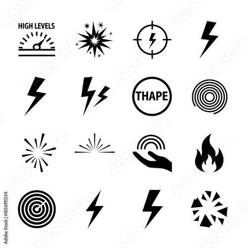 A comprehensive collection of diverse black and white vector icons symbolizing energy, impact, progress, and abstract concepts, perfect for graphic design projects and modern digital interfaces