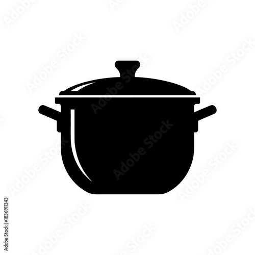 Black silhouette of a covered cooking pot with handles, simple vector illustration.