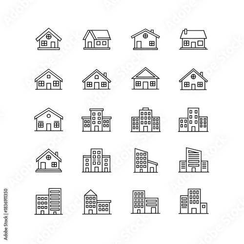 Comprehensive Vector Line Icons Collection of Modern Residential Houses and Commercial City Buildings for Web and App Design Elements and Infographics