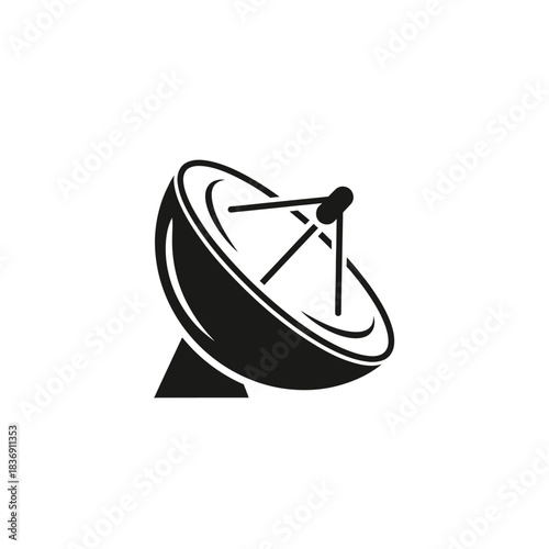Black Silhouette Satellite Dish with Curved Reflector and Support Structure.