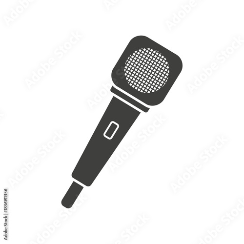 Black silhouette of a handheld microphone with a square head and a distinct grid pattern, perfect for audio recording.