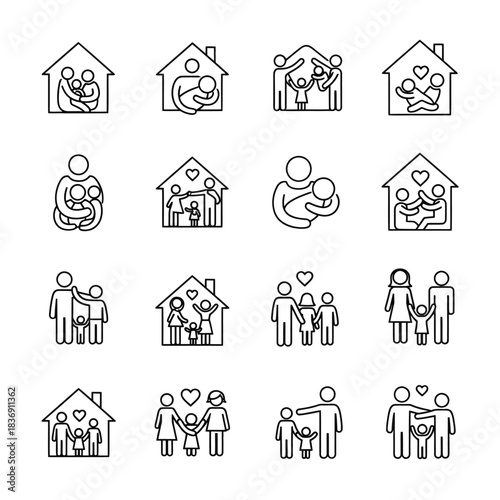 A diverse set of minimalist line art icons illustrating various family units, parental care, and child protection within a home, symbolizing love, unity, and togetherness in modern life
