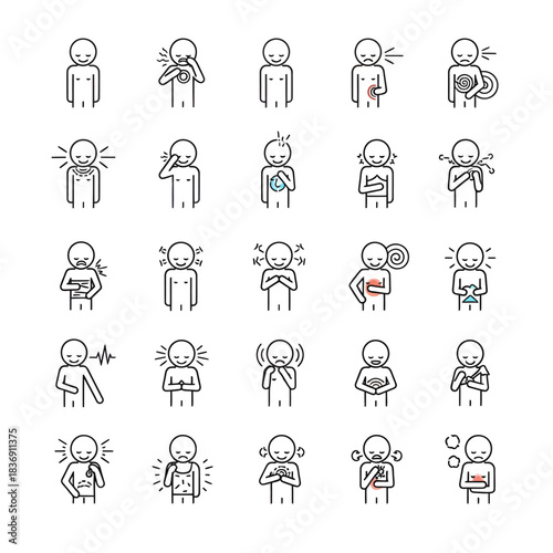 Minimal line art icon set illustrating various human body pains, health problems, and discomforts, covering common symptoms like headaches, stomachaches, chest pain, and joint issues