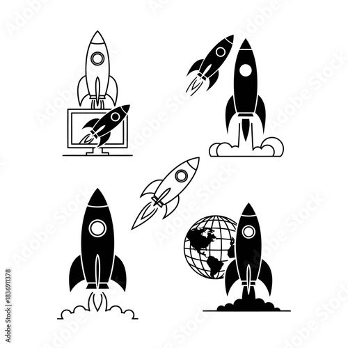 Set of stylized rocket launch vector illustrations, representing innovation, rapid business growth, project startup, and technological progress toward future success