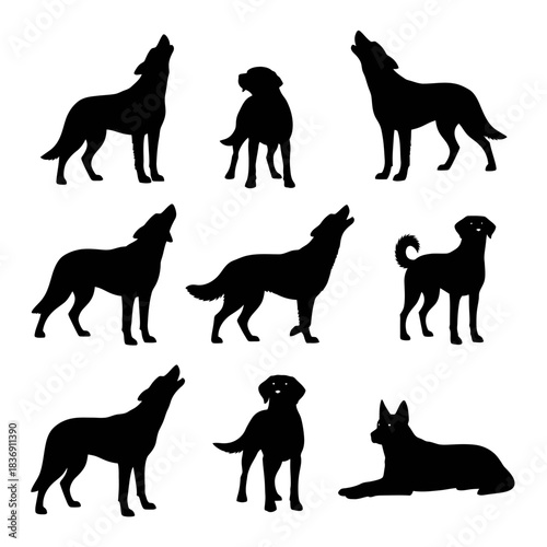 Collection of various black dog and wolf silhouettes depicting different poses and expressive actions, including standing, howling, and resting canines, perfect for diverse design projects