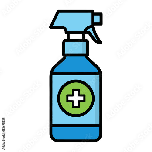 Blue Disinfectant Spray Bottle Icon with Green Medical Cross Symbol.