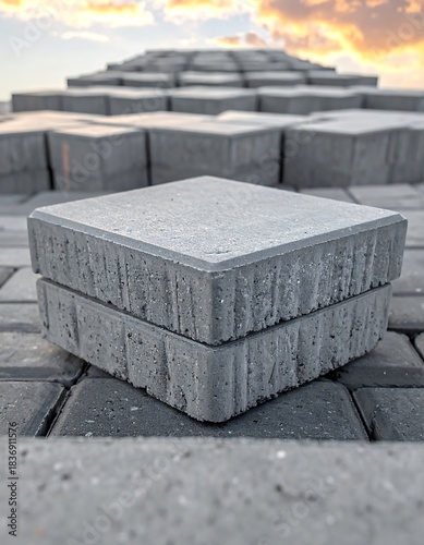 Stack of Gray Concrete Pavers with Blurred Background.