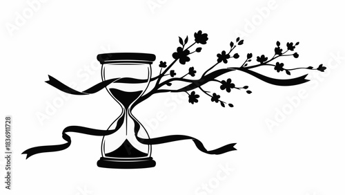 Elegant hourglass with blooming branches and flowing ribbon symbolize the passage of time and nature's renewal.