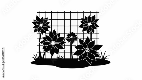 Stylized blooming flowers climbing a trellis in a garden silhouette