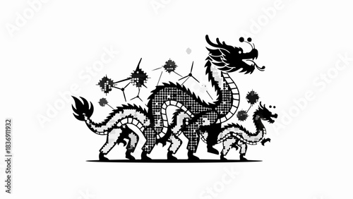 Mystical Chinese dragon illustration with intricate patterns and playful celestial elements