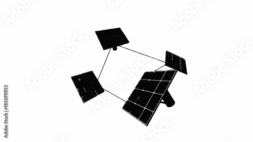 Modern solar panels arranged in a creative, interconnected formation on a white background.