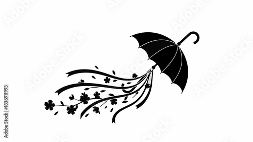 Black umbrella unleashing a whimsical cascade of swirling leaves and flowers on a white background.