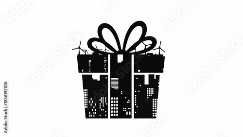 Gift of sustainable city development with wind turbines and urban landscape