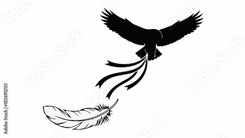 Majestic black eagle silhouette soaring with flowing tail feathers and a falling feather below.