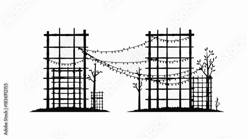 Two decorative bamboo structures connected by string lights, creating an enchanting outdoor ambiance.