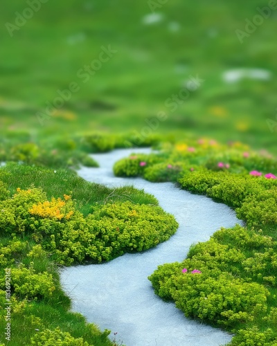 A Serene Winding Gravel Path Through a Vibrant Green Meadow Filled with Small Pink and Yellow Wildflowers on a Bright Sunny Day