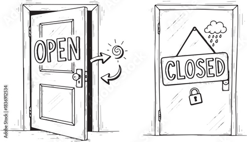 Open and Closed Doors Symbolizing Opportunity and Obstacles.