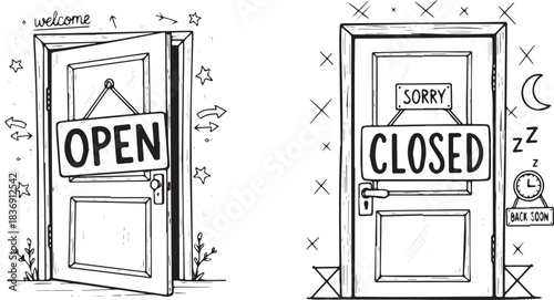 Open and Closed Doors with Signs Illustrating Business Status.