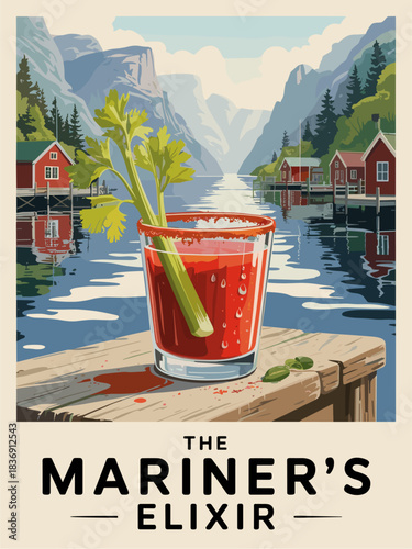 Retro cocktail poster of a Bloody Mary with celery on a weathered dockside table overlooking a misty Scandinavian fjord and pine forest cabins
