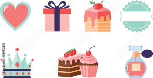 Collection of sweet treats and festive icons for celebrations