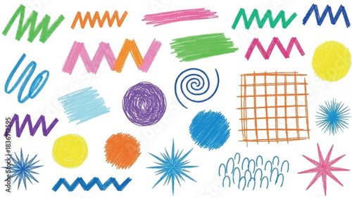 Vibrant collection of hand drawn doodle shapes and lines.
