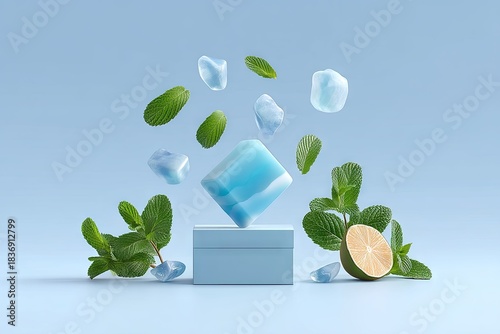 Abstract Composition of Blue Ice Cubes Fresh Mint Leaves and Sliced Lime on Light Blue Pedestal with Ripple Shadow Effect