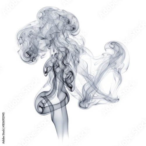 Abstract wisps of transparent purple smoke swirl and dance upwards in elegant ethereal formations on a clean isolated on white background