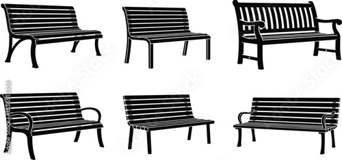 Black Silhouette Set of Various Outdoor Park Benches, Public Garden Seating, and Street Furniture Silhouettes for Architectural Site Planning Vector