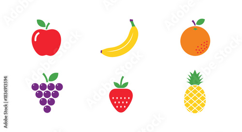 Collection of colorful cartoon fruits including apple banana orange grapes strawberry and pineapple on white background