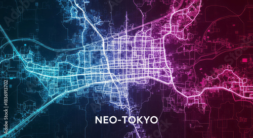 Vibrant neon city map lights up the future of Neo-Tokyo