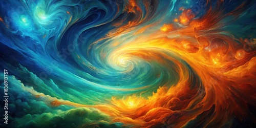 A mesmerizing cosmic swirl of vibrant blues, greens, and fiery oranges, depicting a celestial dance of energy and color, creating a breathtaking abstract fantasy landscape.
