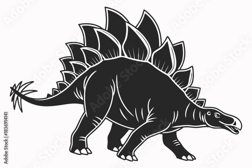 Minimal Black Silhouette of a Stegosaurus with Back Plates and a Spiked Tail, Clean Smooth Outline and Simple Vector Shape on a White Background – AI Generated
