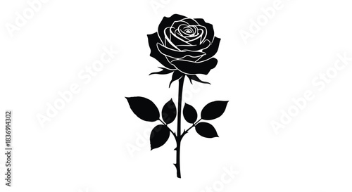 Elegant silhouette of a single black rose with stem and leaves on a white background.