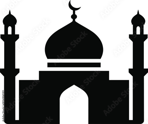 Mosque silhouette with dome and two minarets, simple Islamic architecture, spiritual place, qibla direction