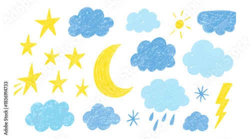 Crayon hand drawn weather icon set. Pastel pencil stroke sun, moon, cloud, star, lightning, snowflake elements. Cute baby sky theme with chalk texture for school background. Vector illustration.
