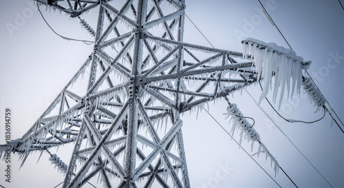 Icy grip of a fierce winter storm encases an electricity pylon, a testament to nature's powerful forces and the resilience of infrastructure