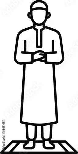 Muslim man praying outline icon, standing on prayer mat, Islamic worship, seeking qibla direction