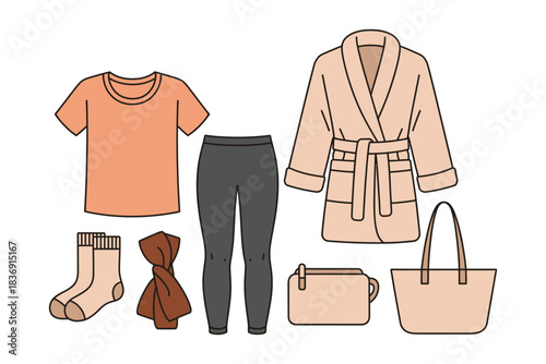 flat vector hand-drawn illustrations in soft palette with clean outlines, featuring cozy loungewear items including headband,