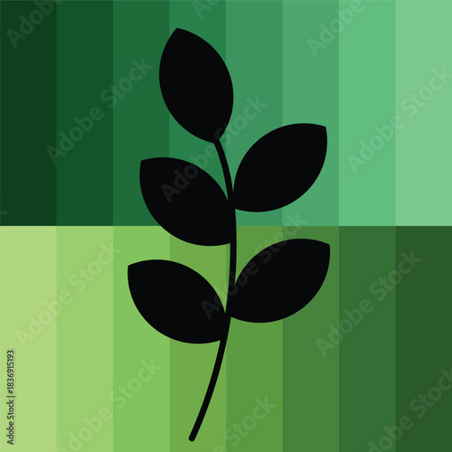 Black leaf silhouette contrasts against shades of green striped background creating a nature scene