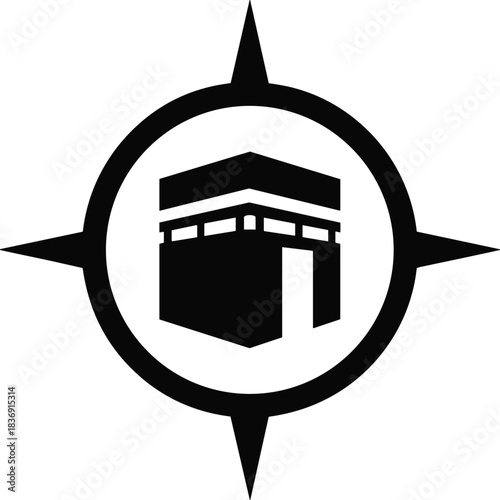 Qibla direction vector icon for muslim prayer or salah showing kaaba in mecca saudi arabia and compass for guidance